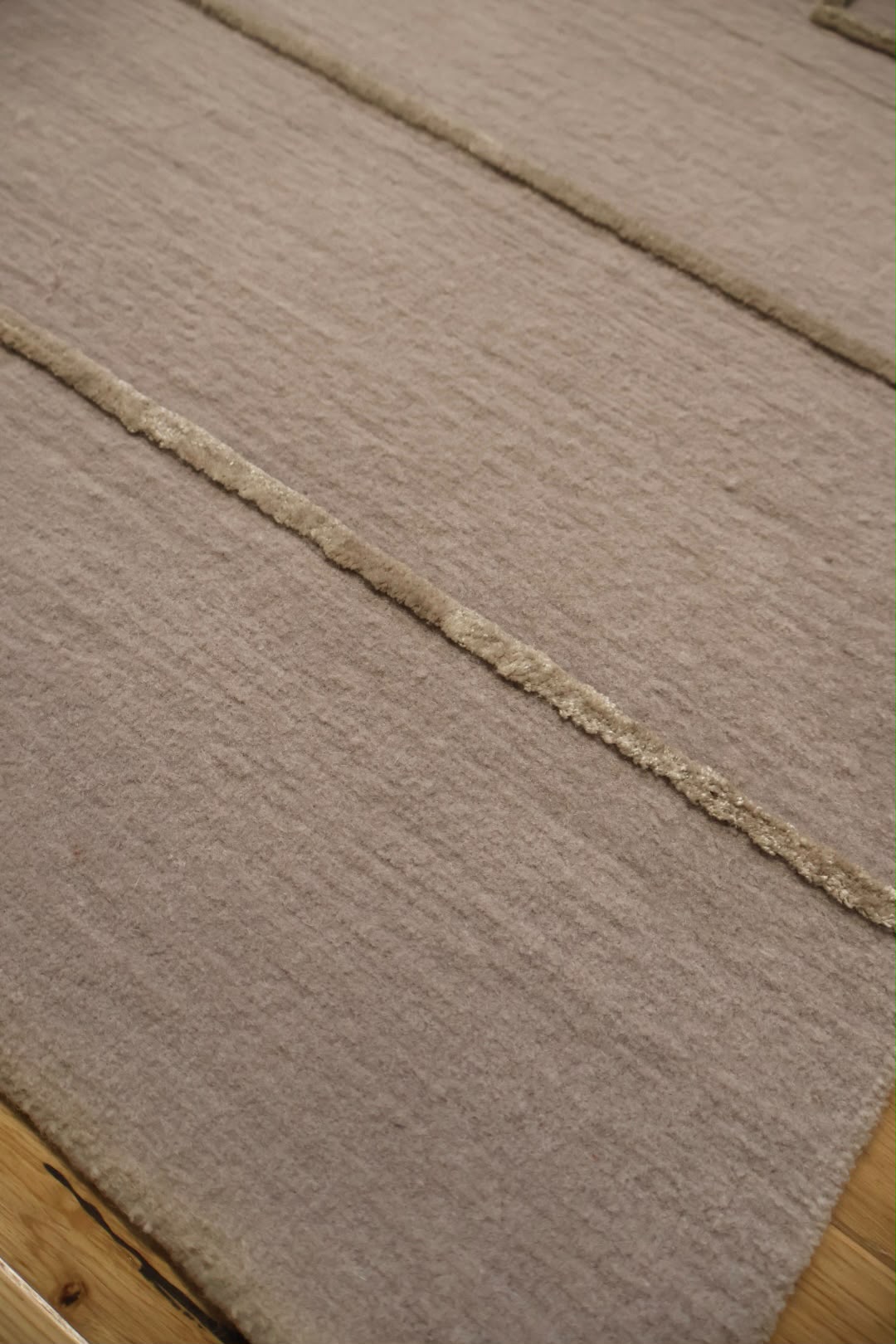 A close-up of a textured area rug in a warm taupe-beige color, featuring a central raised stripe with a braided or tufted edge detail, laid over a light wood floor.