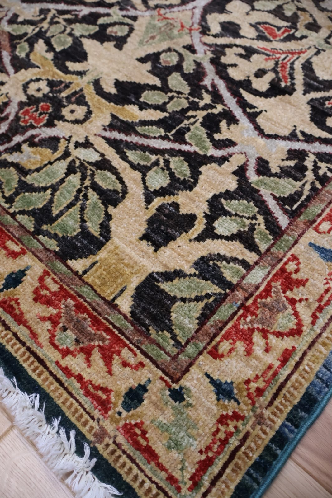 A close-up of a traditional patterned area rug corner, showing a beige field with dark green and black floral motifs and a red and blue border, with white fringe visible at the bottom.