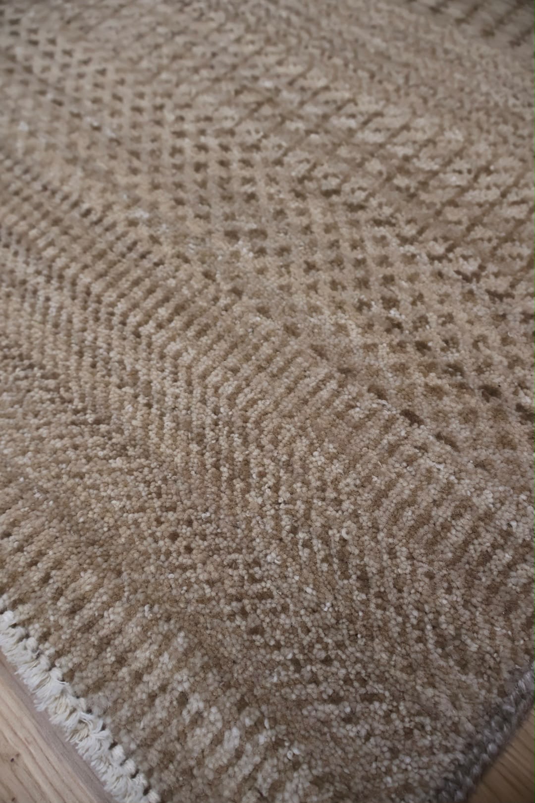 Close-up of a woven area rug with a textured basketweave pattern in beige and brown tones, showing the detailed pile and a small section of white fringe along the edge.